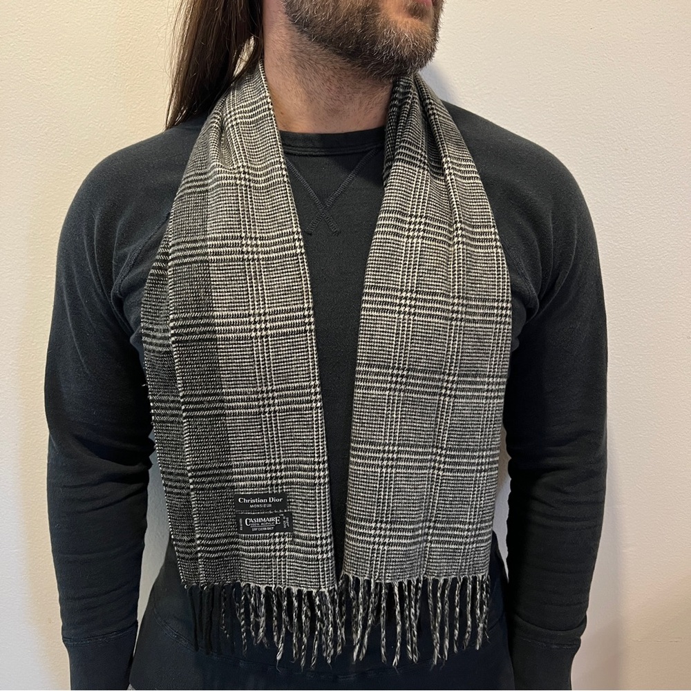 VTG 1980s Christian Dior Monsieur Cashmaire Plaid Acrylic Fringe Scarf
